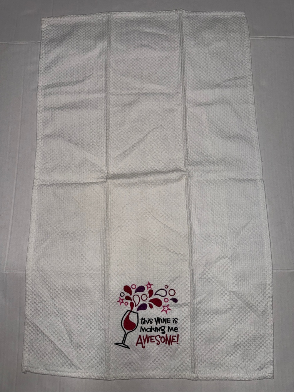 Wine-Themed Embroidered Kitchen Towel - White with Wine Red & Burgundy Accents